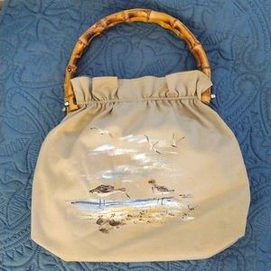 Vintage Ocean Scene Hand Painted Fabric Bag w/ Bamboo Handle, Tan & Olive Green